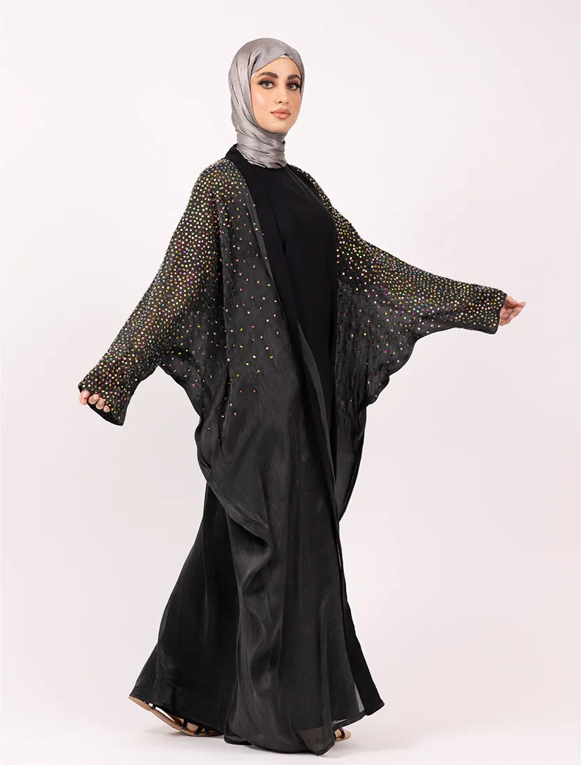 Black Multi Crystal Embellished Sheer Overlay Abaya